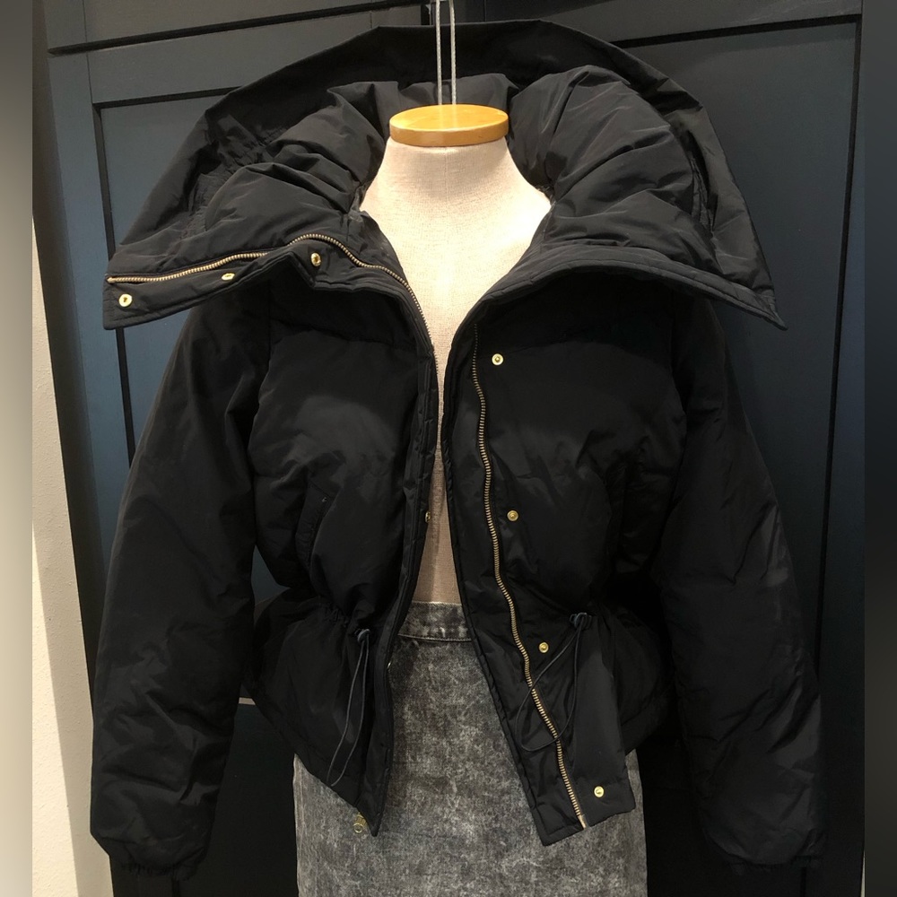 NWT Adidas Neo Medium Down Jacket, High Collar, Black, Cinched Waist